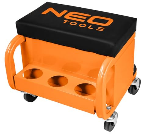 NEO TOOLS Werkstatthocker mit Ablagefläche 38 x 39 x 37 cm mit Rollen Werkstattwagen Werkzeugwagen Werkstatt-Rollsitz Werkstattsitz fahrbar mit 4 Rollen und 3 Ablagen