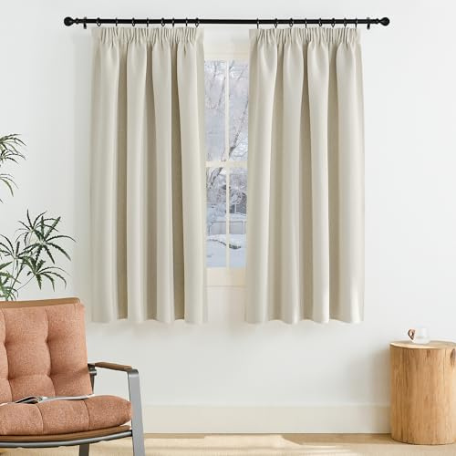 PONY DANCE Verdunkelnde Gardinen für Schiene Thermovorhang Kälteschutz | 160 cm Lang, Blickdicht, mit Kräuselband, Sichtschutz, UV-Schutz, Kurz, für Schlafzimmer Wohnzimmer, 2er Set, Hellbeige