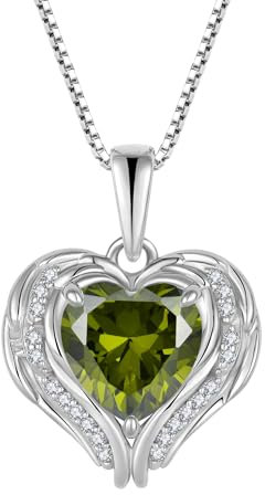 YL Engelsflügel Halskette 925 Sterling Silber Herz Anhänger Kette August Geburtsstein Peridot Grüne Zirkonia Halskette Schmuck Geschenke für Damen Mama