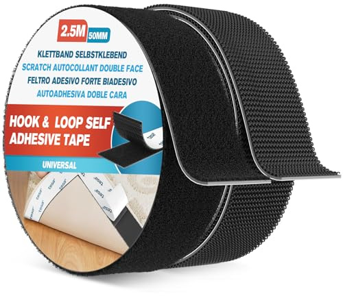 EMITEVER Autoadhesiva Doble Cara -2.5mX50mm Negro Hook y Loop Tape Extrafuerte, Gancho y Cinta de Lazo Para Marcos De Fotos, Mosquiteras, Alfombrillas, Automóviles y Hecho a Mano