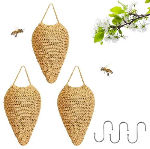 Gehäkelte Baumwolle Wespennest Attrappe, 3 Stück (20x36cm, Khaki) | Haltbarkeit Hornissennest Attrappe für Terrasse, Traufen, Garten, Dekorative Artikel, Wespen Nestbau Verhindern