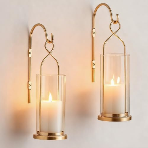 Walasis 【Gold Kerzenleuchter Wanddekor】 2er Set Wandkerzenhalter für Stumpenkerzen - Moderne Metall Hurricane Laterne Dekoration für Innen Veranda Kamin Badezimmer Wohnzimmer
