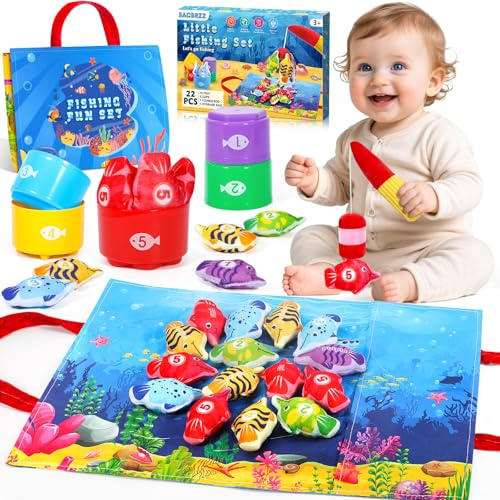 SACBRZZ Jouet Bebe 1 an, Peche a La Ligne Enfant 1 2 3 Ans, Pêche a La Ligne Jeux Montessori 1 an, avec 15 Poissons, Educatif Jouet Enfant 1 an, Cadeau Bebe pour Fille Garçon 1 2 3 Ans