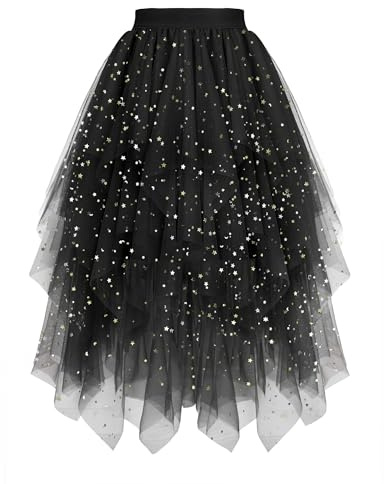 GOOBGS Damen Tüllrock Party Fee Mehrschichtig Unregelmäßiger Röcke Elastischer Bund A-Linie Höhe Taille Midi Tutu Rock Schwarz Pailletten Medium