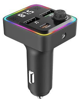 QUMOX Bluetooth 5.3 FM Transmitter Car Charger, PD30W USB-C + QC3.0 Fast Charging, 7-Color Ambient Light, Hands-Free Calling, Dual USB Ports, Universal 12-24V Car Compatibility