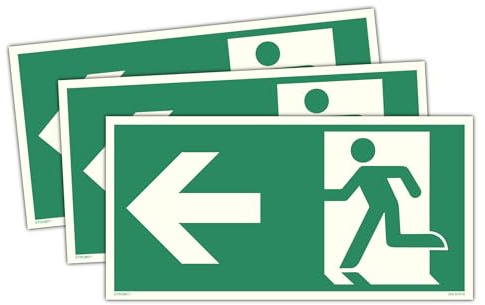 STROBO 3x Notausgangsschilder Pfeil links - langnachleuchtend extra hell | PVC selbstklebend 30x15cm - DIN 67510 | Fluchtwegschild Rettungsweg Rettungszeichen