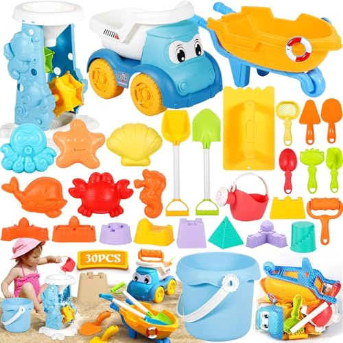 ZQEJEFD Giocattoli da Spiaggia, 30 Pezzi Spiaggia di Sabbia Giocattoli con Borsa a Rete, Secchiello, Secchiello Spiaggia, Acqua Ruota, Stampi, Giochi Spiaggia Bambini per attività All'aperto Bambini