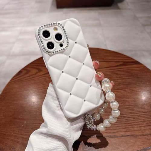 FIFTHAVE Coque de protection pour iPhone 12, avec cordon de perles, en silicone TPU souple, esthétique, souple, antichoc, diamant pour femme - Blanc