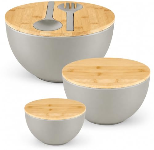 OGMBI Set of 3 Plastic Salad Bowls with Lids, Grey Mixing Bowls Set with Servers, 4.4L & 2 L & 1L Large Food Serving Container Storage Bowl with Spoon and Fork for Salad Fruit Vegetables Pasta Snacks