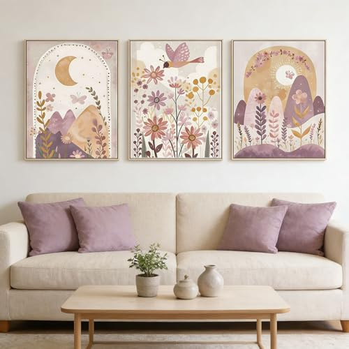 3er Poster Set, Rosa Bohemian Blumen Moon Sonne Wandbild Leinwanddruck, Frühling Blumen Berge Aesthetic Spring Deko Wandposter, Wanddeko Wohnzimmer Schlafzimmer Zuhause, Ohne Rahmen (40*50cm)