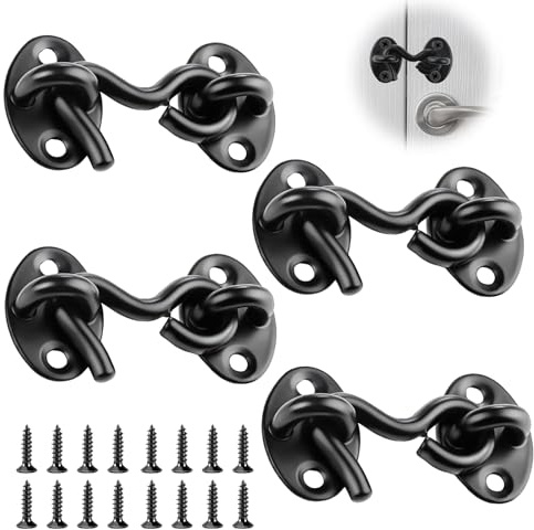 4 Pcs Hook and Eye Latch, 2 Inch Stainless Steel Black Cabin Hook with Screws Small Gate Shed Door Latch Lock for Internal External Doors Garden