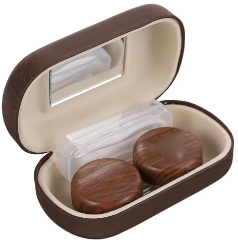 Beavorty Contacts Lens Case and Small Mirror Suction Stick Brown with Leak-Proof Design and Easy to Carry Plastic Body with Leather Lining, Includes Clip for Travel and Daily Use Storage