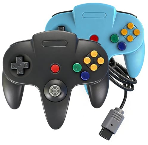 PGYFDAL 2 Pack Classic N64 Controller, Wired Gamepad Upgraded Joystick Compatible with N64 Console, Ergonomic M-Shaped Design for Multiplayer Gaming (Black & Blue)