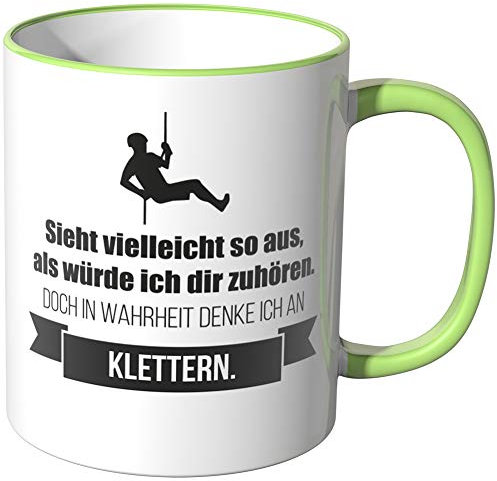 JUNIWORDS Tasse - Ich denke an Klettern - Wähle Motiv & Farbe - Hellgrün