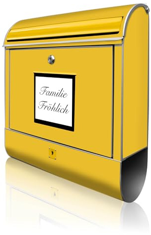 banjado Design Briefkasten personalisiert 38,5x46,5x13cm & 2 Schlüssel - Briefkasten Stahl Silber Zeitungsfach pulverbeschichtet - Postkasten A4 Einwurf inkl. Montagematerial - Motiv Briefkasten Gelb