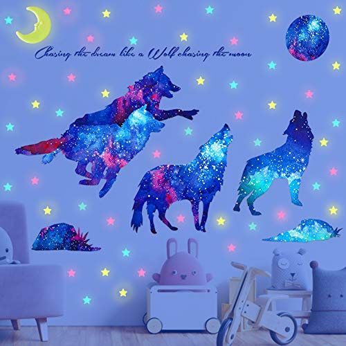 Glow in The Dark Wall or Ceiling Wolf Starry Stickers, AUHOKY Bright Wall Decal for Simulated Star Moon Effect at Night, Removable Adhesive Mural Wallpaper for Kids Girl Bedroom Gift Nursery(W)