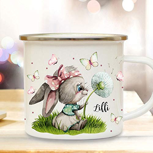 ilka parey wandtattoo-welt Emaille Becher Camping Tasse Motiv Hase Häschen mit Pusteblume & Wunschname Name Kaffeetasse Geschenk Kinder eb494