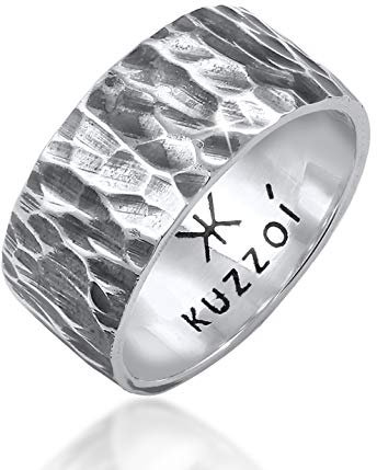 Kuzzoi Herrenring im Hammerschlag Design, Bandring massiv 10 mm breit in 925 Sterling Silber, Silberring gehämmert oxidiert, Ring für Männer im Biker Look, Ringgröße 66, 0604992820_66