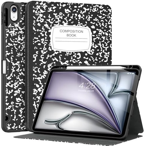 Supveco Hülle für iPad Air 11 Zoll 2024/10.9 Zoll 2022/2020 (5./4. Generation) Mit Pencil Halter - [Auto Schlafen/Wachen], Weicher TPU Rücken Schutzhülle, Buch Schwarz