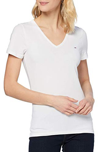 Tommy Jeans Tjw Skinny Stretch V Neck Kurzarm Strickoberteile, Damen, Weiß (White), Xs