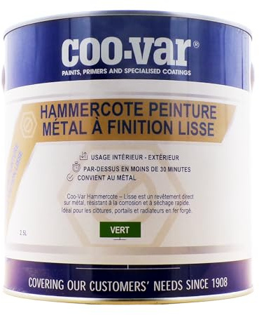 Coo-Var Hamercoat, peinture métal lisse et à séchage rapide antirouille pour usage extérieur et intérieur, Vert brillant, 2.5L - 25m²