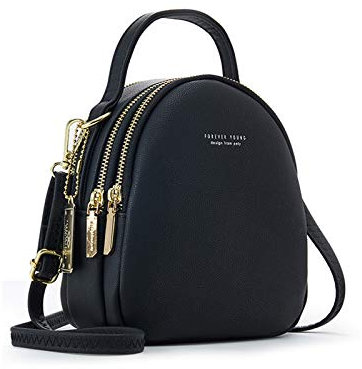 PORRASSO Mini Rucksack Damen Mode Handtasche Mädchen Wasserdicht Umhängetasche mit Kopfhörerloch Leder Daypack Reise Dating Kleiner Rucksäcke Schwarz