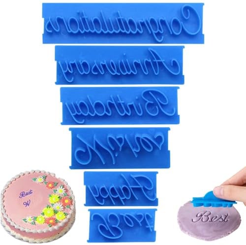 HERCHR 6 Pezzi Torta Fai da Te Lettera Stampata Timbro Stampo, Buon Compleanno Migliori Auguri Congratulazione Anniversario Lettera Scritta a Mano Taglierina Set, Timbro Biscotti, Stamper per fondente