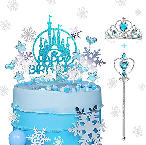 27 Stück Snow Queen Tortendeko Geburtstag,Schloss Schneeflocken Tortendeko mit Kronen und Gehstöcke set,Cake Topper Happy Birthday,Geburtstag Tortendeko Kuchen Topper für Kinder Mädchen (Ice blue)