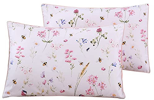 Styho 100% Egyptian Cotton Floral Printed Pillow Cases 2 Pack Standard Size Pillow Cover for Hair and Skin(Pink-White,50 x 75cm)