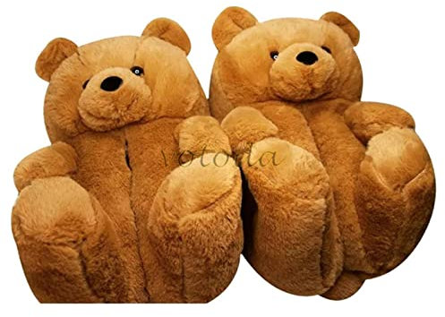 UKKO Hausschuhe Damen Frauen Teddy Bär Plüsch Hausschuhe Cartoon Niedlichen Bären Haus Slipper Winter Warme Folien Frauen Pelzige Flip Flop Schuhe-Light Brown,35-43