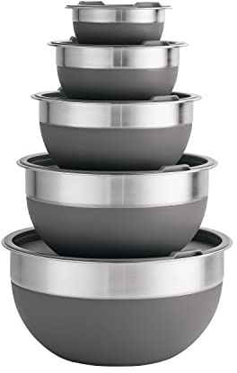 Juego de 10 cuencos de mezcla de acero inoxidable y silicona cubiertos (gris)