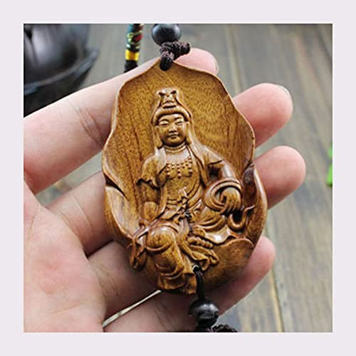 FIDALIKA Holzschnitzerei Buddhismus Statue Anhänger Keychain, Chinesisch Guan Kwan Yin Buddha Figur Lucky Feng Shui Protection Hanging Charm Craft