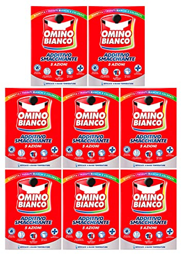 Omino Bianco - Waschmaschinenzusatz, insgesamt 5 Aktionen in 1, Pulver für Wäsche, Fleckenentferner und Desinfektion, 500 g x 8 Stück