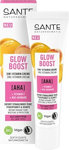 SANTE Naturkosmetik Glow Boost 3in1 Vitamin Creme, nährende Tagescreme mit AHA, Vitamin F und Bio-Jojobaöl, regenerierende Feuchtigkeitspflege für strahlende Haut, 30ml