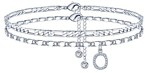 TINGN Fussketten für Frauen Silber, Silber CZ Buchstabe O Fussketten für Damen Fußkettchen Verstellbar Doppelte Fußketten Stabil Figarokette Fußkette Frau Mädchen Tochter Freundin Kinder Geschenk