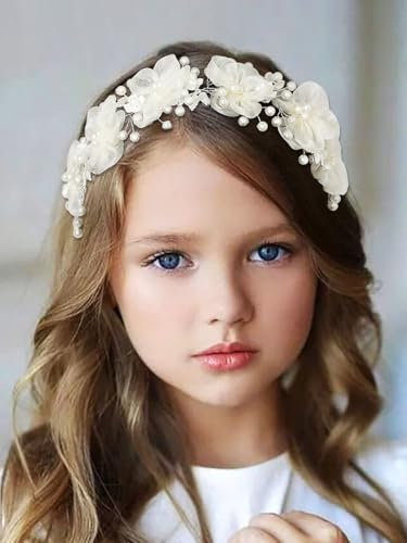 IYOU Blumenmädchen Hochzeit Stirnband Elfenbein Blumen Stirnband Perle Prinzessin Haarteil Heilige Kommunion Haarschmuck für Mädchen