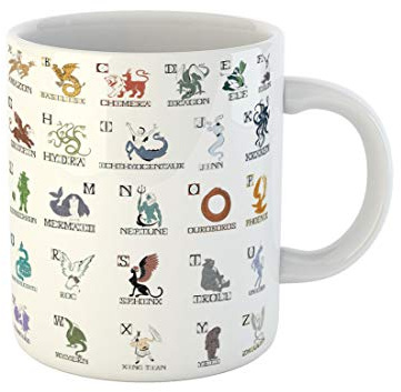 874 Tea Mug Greek Alphabet Silhouettes of Mythical Creatures Mythology Dragon Ouroboros Ceramic Drinking Cups Cool Cup 330Ml for Office,Home,Friend
