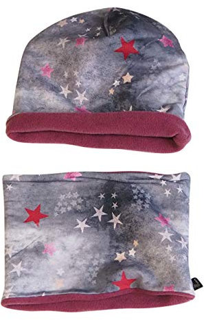 Britta Meier Kuscheliges Beanie-und Kurzloop-Set, Handarbeit aus Ostfriesland (Beere-Grau)