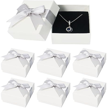 Nideen 6 Stück Geschenkbox mit Deckel für Schmuck, 7,5× 7,5× 3,5 cm Geschenkbox Schmuck Geschenkschachtel Klein mit Schleife für Halskette, Ohrringe, Ring(Grau)