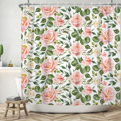 ASDCXZ Rideau de Douche Fleurs 120x200 cm, Printemps Rose Fleurs Feuilles Vertes Blanc Lavable Textile Rideau Douche imperméable pour Baignoire avec 8 Crochets