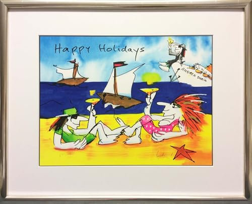 Kunstverlag Christoph Falk Happy Holidays - UDO Lindenberg Bild - handsignierte Auflage original Grafik im silberfarbenem Rahmen hinter Museumsglas. Likörell. Siebdruck.