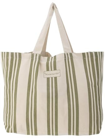 Bloomingville große gestreifte Einkaufstasche aus Baumwolle - sehr strapazierfähig, waschbar, ideal für Lebensmittel, Strand und mehr, mit kleiner Innentasche (Grün)