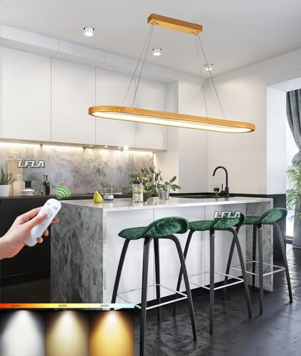 Holz Esszimmerlampe 32W LED Pendelleuchte Moderne Esstisch Hängelampe Dimmbar mit Fernbedienung Hängeleuchte Ellipsen Design Holzlampe höhenverstellbar Wohnzimmer esszimmer Küche Kronleuchter L70cm