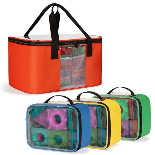 Rexmica 4 Stück Aufbewahrungstasche Für Magnetische Bausteine, Magnetische Fliesen Reisetragetasche, Einkaufstasche Für Magnetische Blöcke Bauspielzeug Mit transparentem Deckel