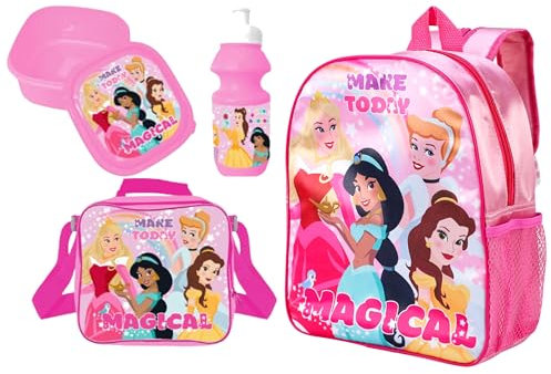 Verona Originals Character 4 Piece Set -Boys Girls Kids Backpack with Side Pocket School Bag + Lunch Bag + Lunch Box Sandwich Box +Water Bottle (Princess Backpack & Lunch Bag Set)