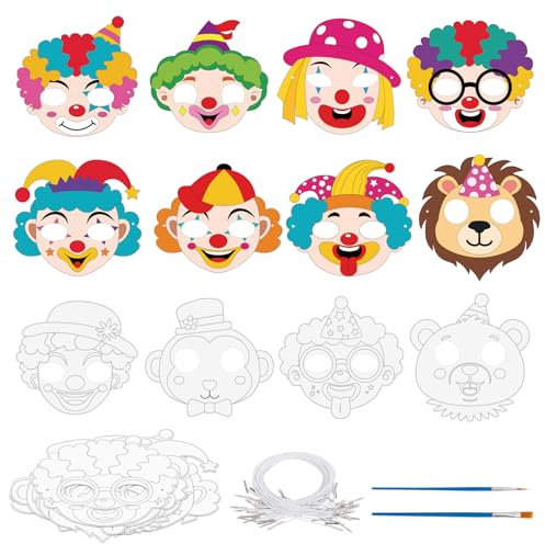 Landifor 24 Stück Clown Maske zum Ausmalen Kinder Zirkus Papiermasken Bastelset DIY Kreative Kunsthandwerk für Mädchen Jungen Halloween Karneval Maskerade Zirkusparty Kindergeburtstag Mitgebsel