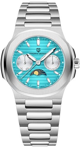 Pagani Design Luxus Damen Quarzuhr Multifunktions Chronograph Mondphase VX3H Bewegung Voll Edelstahl Wasserdicht Leuchtend Elegant Lady Sport Armbanduhr, blau, Elegant