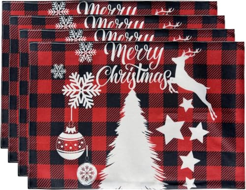 WAZAIGUR Placemats Christmas Table Mats with Reindeer Snowflake and Christmas Tree on Red Black Check Double Cloth Heat Resistant Place Mats Indoor Set of 4