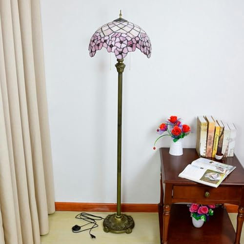 Tiffany Lamp Cherry Blossom Stained Glass Floor Lamp for Living Room Bedroom Office Bright Lighting Rustic Corner Deco Standing Tall Vintage Kids Aesthetic Mediterranean Lamp [16''WX62''h]