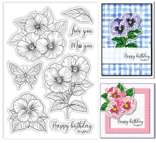 GLOBLELAND Transparente Stempel Mit Stiefmütterchen Und Schmetterlingsmotiv Zur Kartengestaltung Stempel Mit Floralem Hintergrund Transparenter Silikonstempel Mit Blumen Und Insektenmotiv